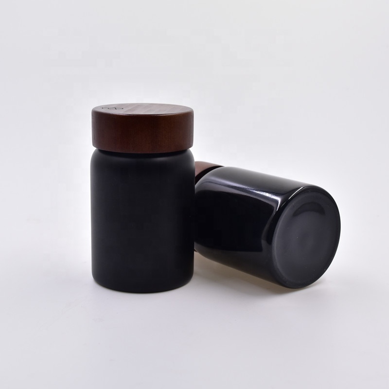 250ml matte glossy black frosted Skin Care cosmetic packaging containers face cream jar with child resistant bamboo wooden lid