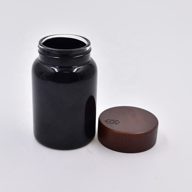 250ml matte glossy black frosted Skin Care cosmetic packaging containers face cream jar with child resistant bamboo wooden lid