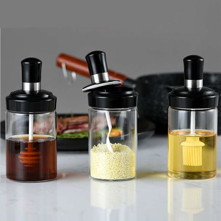 250ml new design oil honey bee chili sauce glass bottle spice pepper jar set packaging with white silicone brush stick spoon