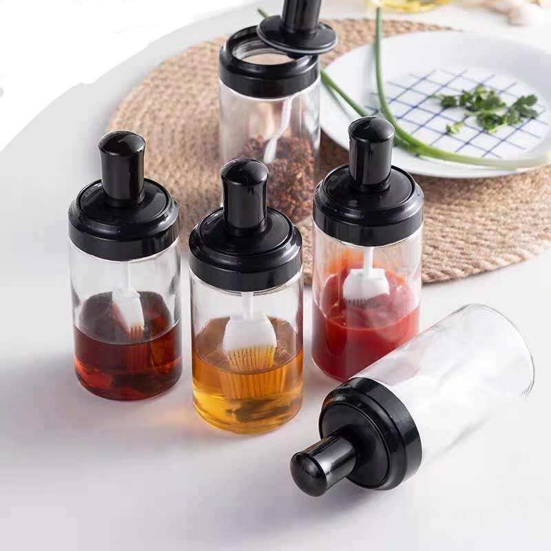 250ml new design oil honey bee chili sauce glass bottle spice pepper jar set packaging with white silicone brush stick spoon