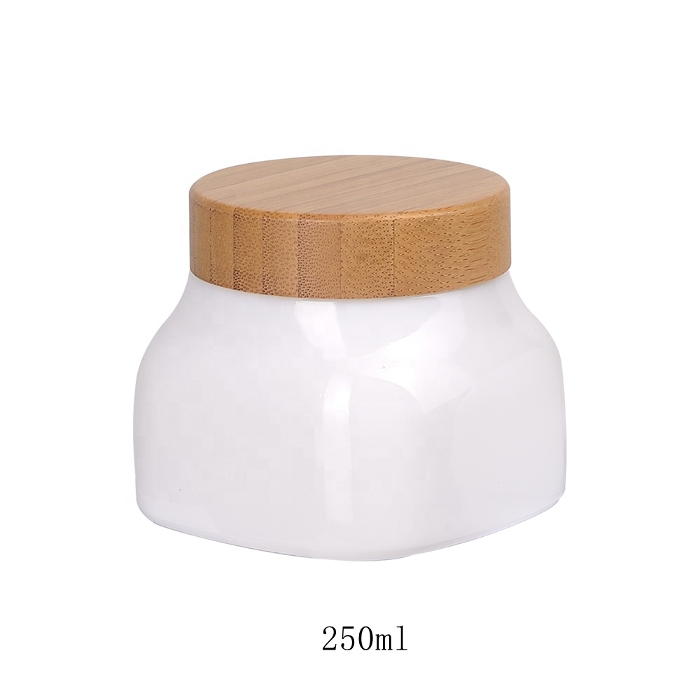 250ml opal glass skin care square opaque 8 oz white jar face cream cosmetic jars 250 ml glass jars with bamboo wooden lid