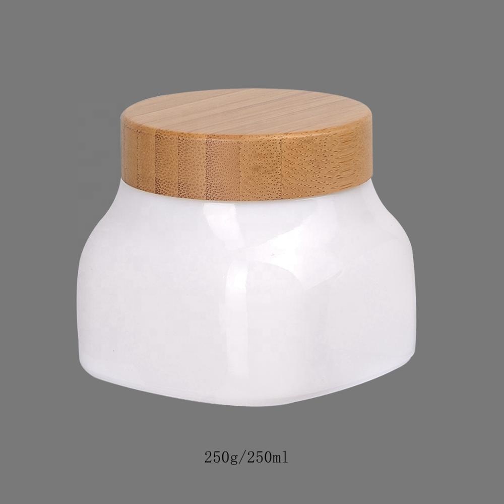 250ml opal glass skin care square opaque 8 oz white jar face cream cosmetic jars 250 ml glass jars with bamboo wooden lid