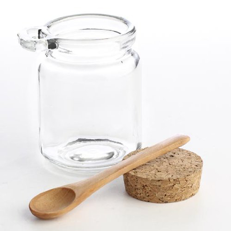 250ml round glass clear honey jar with wooden spoon and dipper