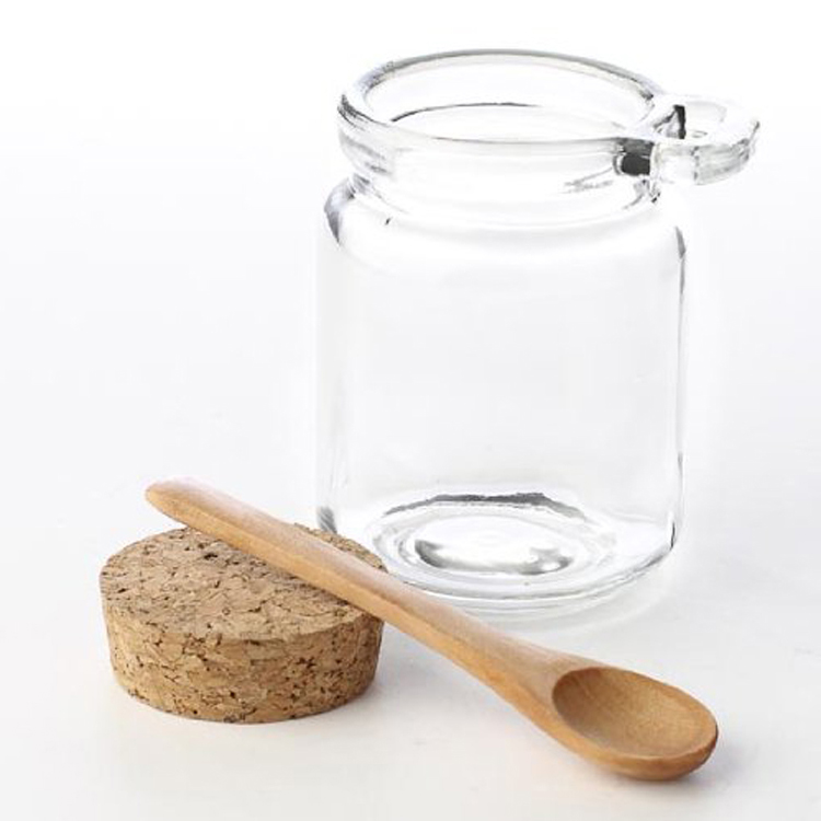 250ml round glass clear honey jar with wooden spoon and dipper