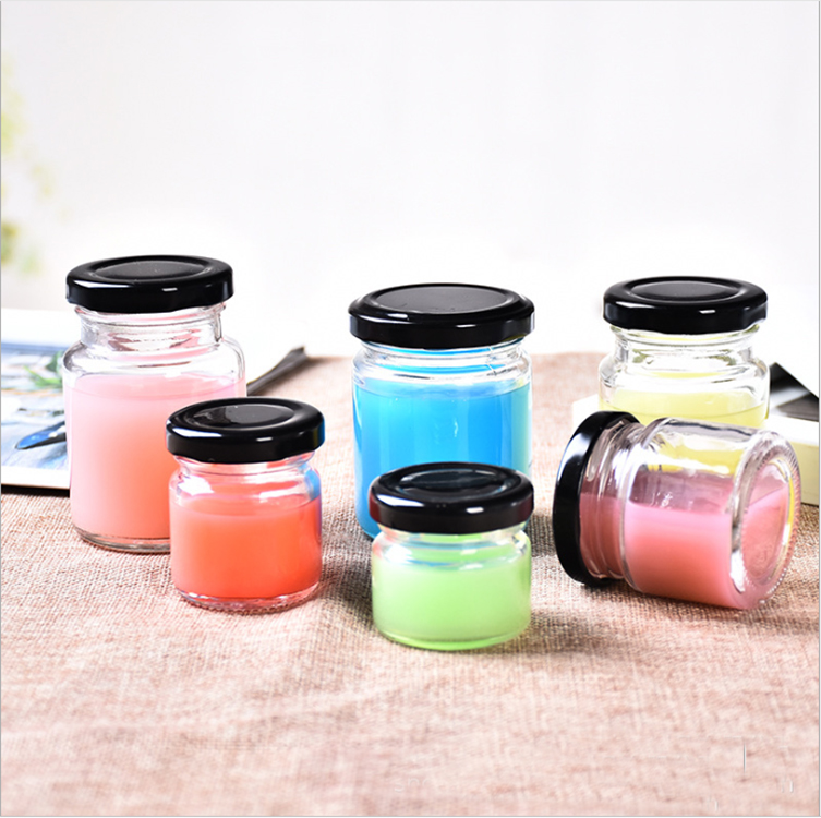 25g,50g,75g,100g food grade mini round glass honey jar for storage with black tin lid