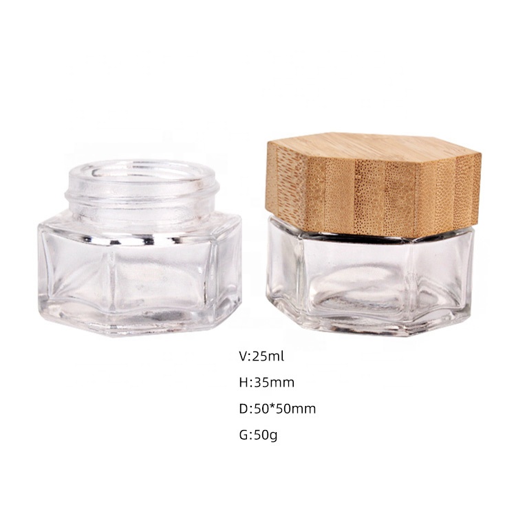 25g Empty Eye Cream Jar Hexagon Cosmetic Glass Jar With Bamboo Lid