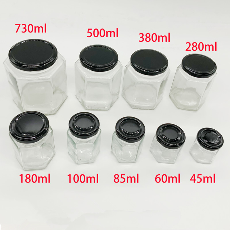 25ml 40ml 100ml 180ml 280ml 380ml 500ml 720ml Transparent hexagon glass royal honey jar