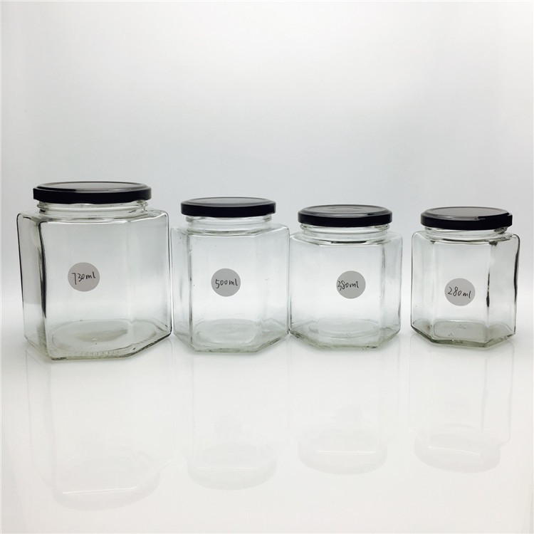 25ml 40ml 100ml 180ml 280ml 380ml 500ml 720ml Transparent hexagon glass royal honey jar