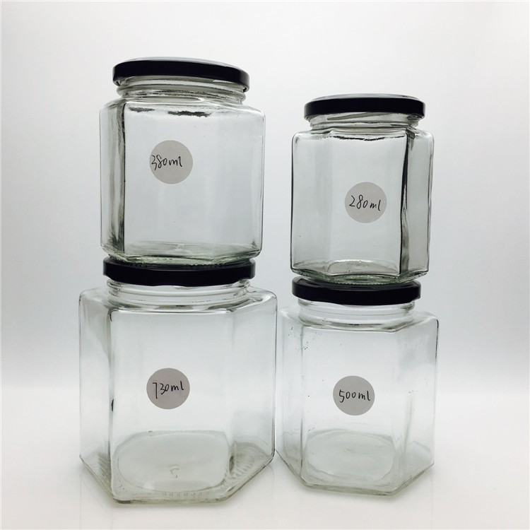 25ml 40ml 100ml 180ml 280ml 380ml 500ml 720ml Transparent hexagon glass royal honey jar