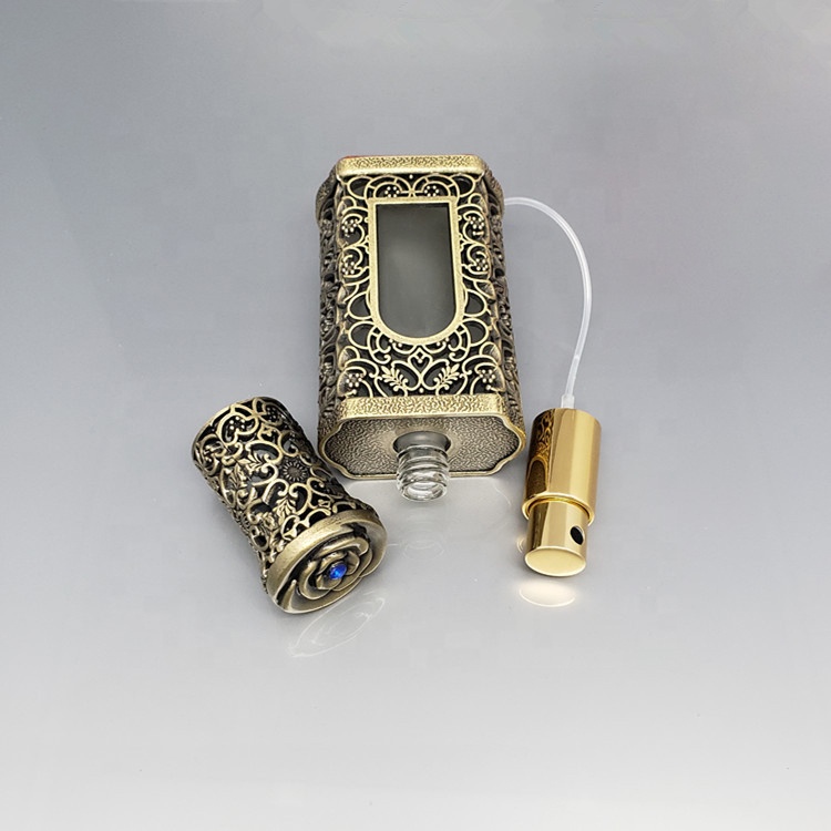 25ml fancy empty Arabic style metal perfume attar glass bottle with spray