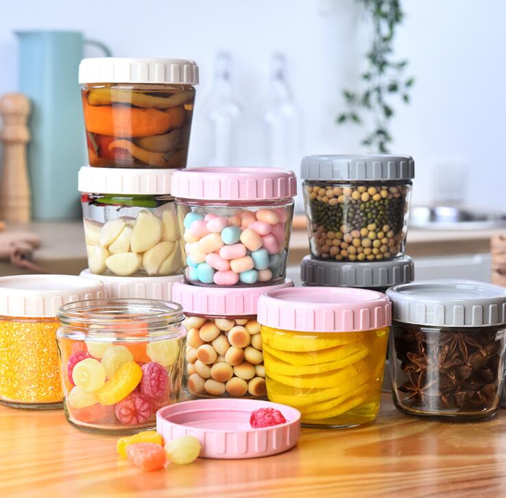 260ml (8.8OZ) Kitchen Spice Canister Transparent Glass Food Containers With Plastic Lid Screw Top Serving For Candy Grains Tea