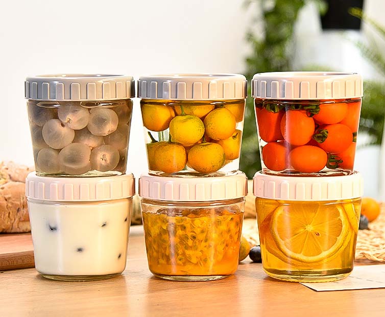 260ml (8.8OZ) Kitchen Spice Canister Transparent Glass Food Containers With Plastic Lid Screw Top Serving For Candy Grains Tea