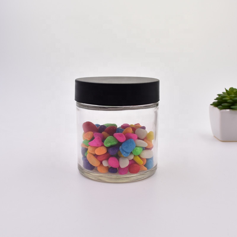 280 ml clear round straight side  food storage snacks  scented tea  glass jar with plastic child proof lid.