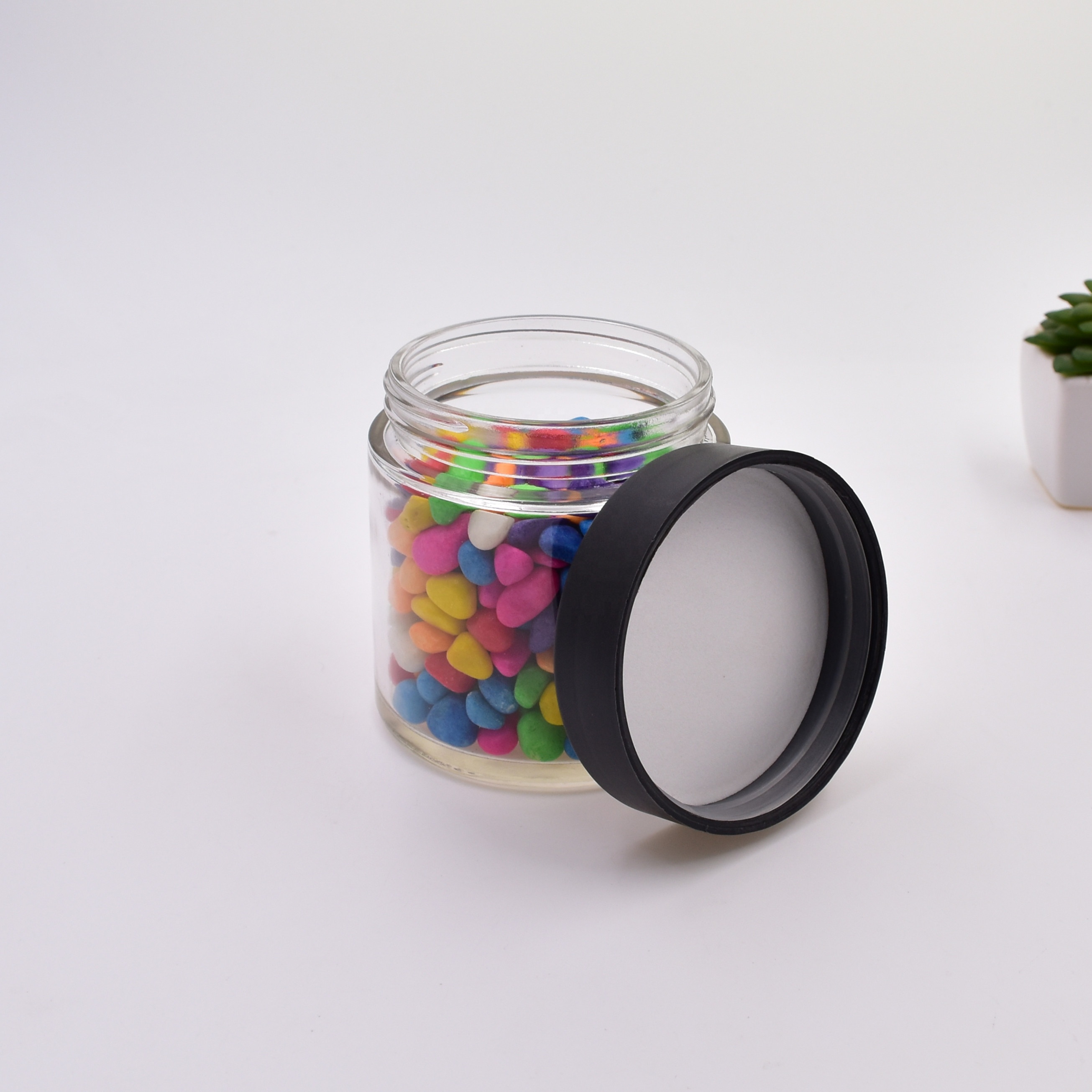 280 ml clear round straight side food storage snacks scented tea glass jar with plastic child proof lid.