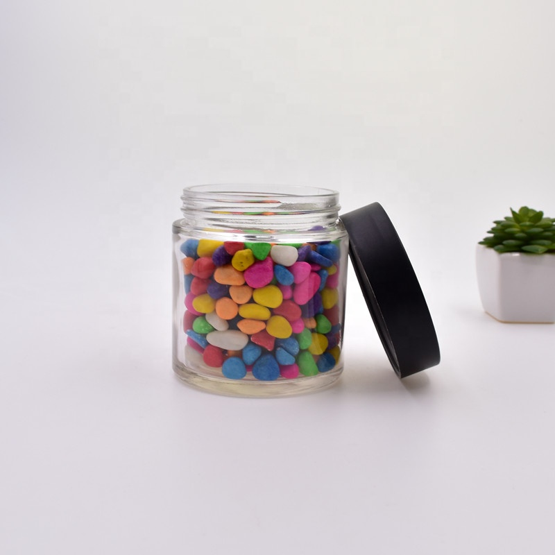 280 ml clear round straight side food storage snacks scented tea glass jar with plastic child proof lid.
