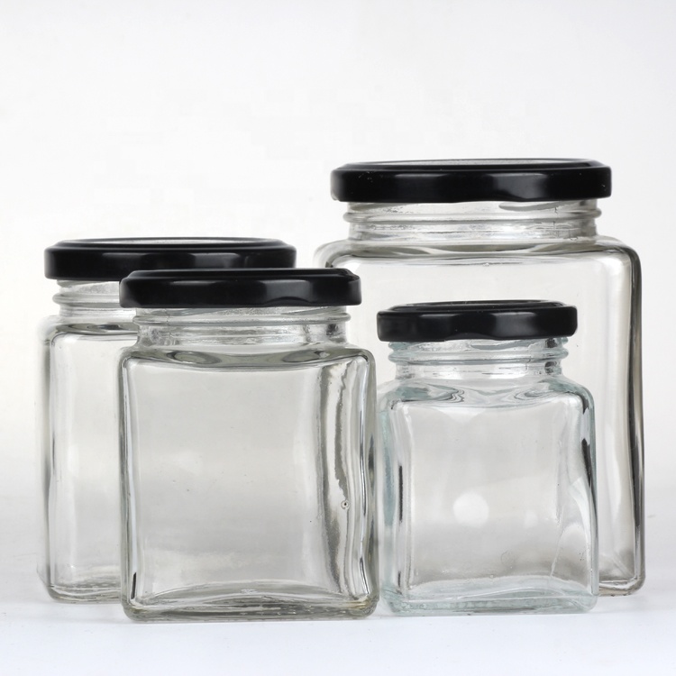 280ml 380ml 500ml 720ml China Supplier Commercial Mini Square Glass Jar with metal caps