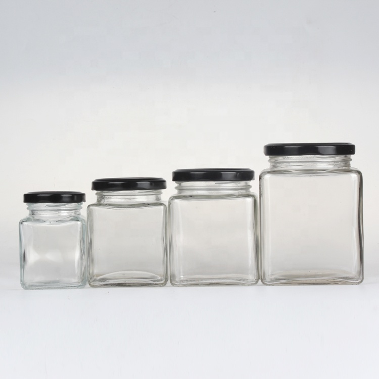 280ml 380ml 500ml 720ml China Supplier Commercial Mini Square Glass Jar with metal caps