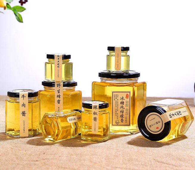 280ml 9oz Premium quality hexagonal glass jam jar with metal lid online selling