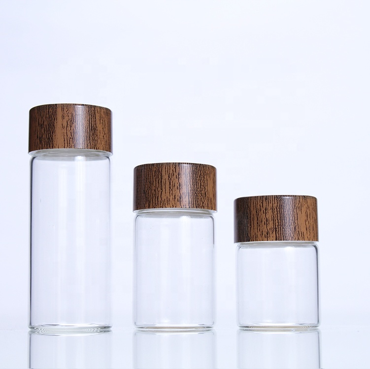 28mm Wood Color Plastic Caps Transparent Flower Tea Cordyceps Vitamin Pill glass packaging bottle for food