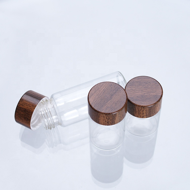 28mm Wood Color Plastic Caps Transparent Flower Tea Cordyceps Vitamin Pill glass packaging bottle for food