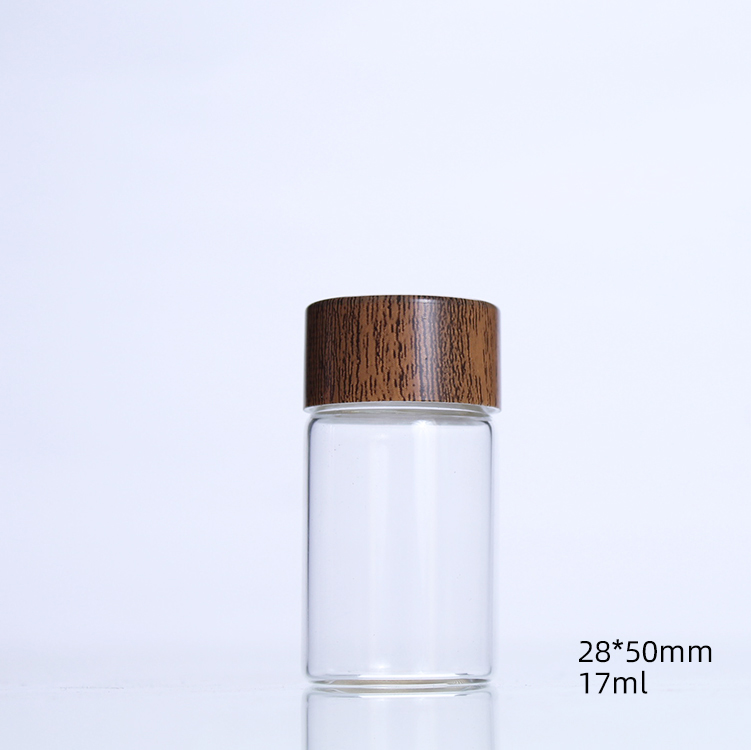 28mm Wood Color Plastic Caps Transparent Flower Tea Cordyceps Vitamin Pill glass packaging bottle for food
