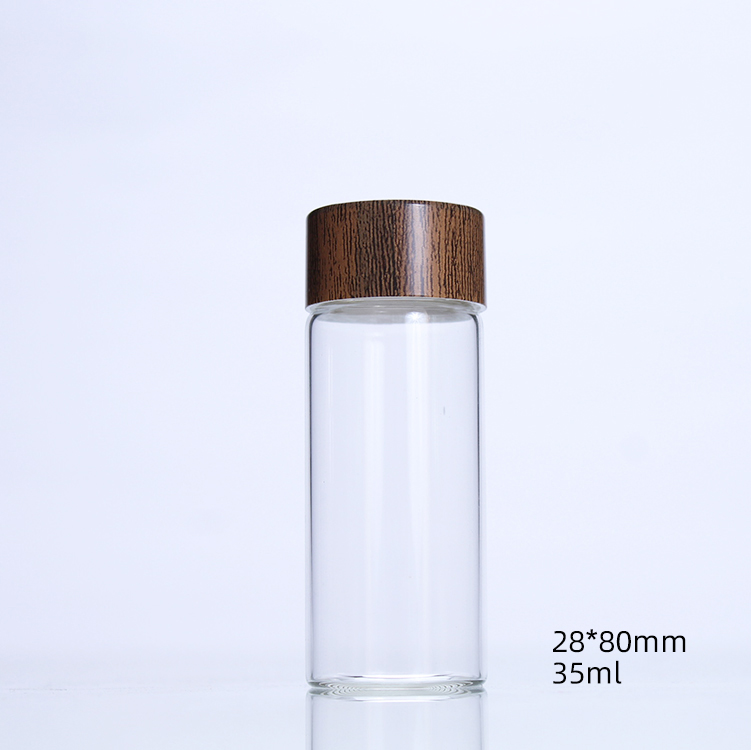28mm Wood Color Plastic Caps Transparent Flower Tea Cordyceps Vitamin Pill glass packaging bottle for food