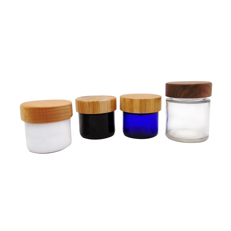 2OZ 60ML Airtight Black Cosmetic Container Glass Jar With Wooden Bamboo caps