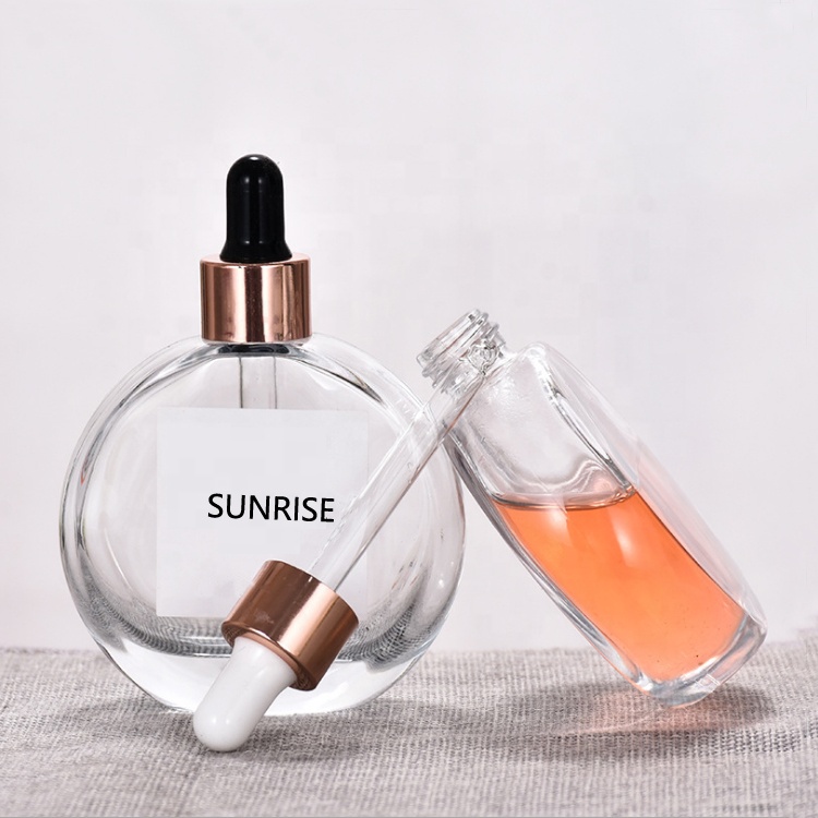 2OZ 60ml flat round shape glass crystal essential oil bottle serum bottle with dropper