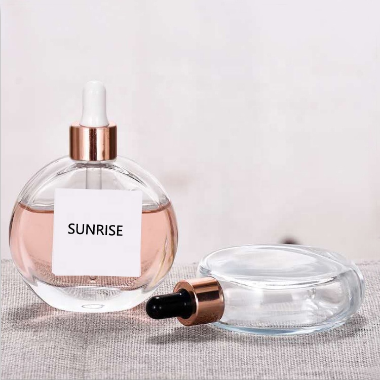 2OZ 60ml flat round shape glass crystal essential oil bottle serum bottle with dropper