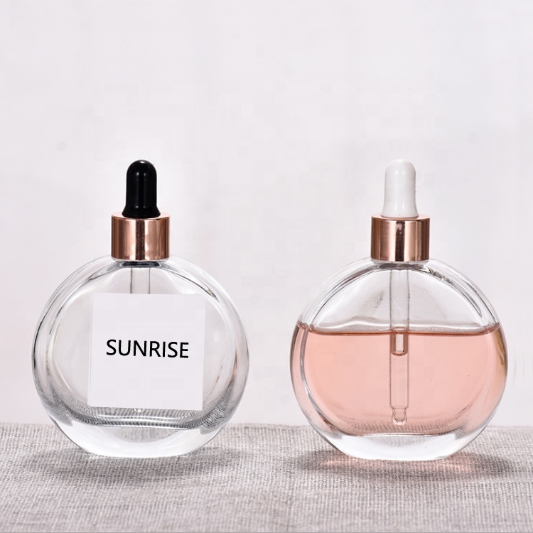 2OZ 60ml flat round shape glass crystal essential oil bottle serum bottle with dropper