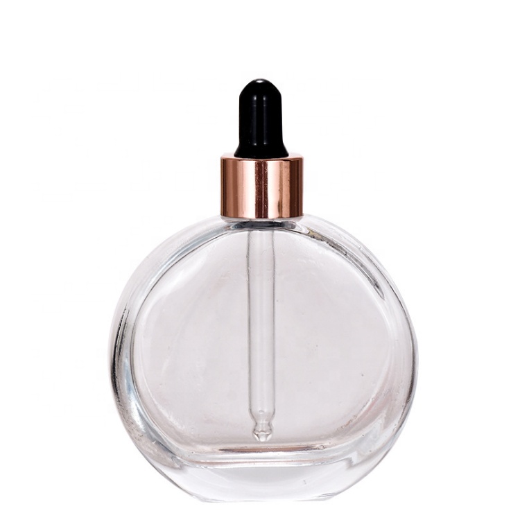 2OZ 60ml flat round shape glass crystal essential oil bottle serum bottle with dropper