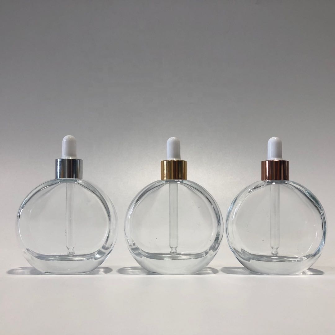 2OZ 60ml flat round shape glass crystal essential oil bottle serum bottle with dropper