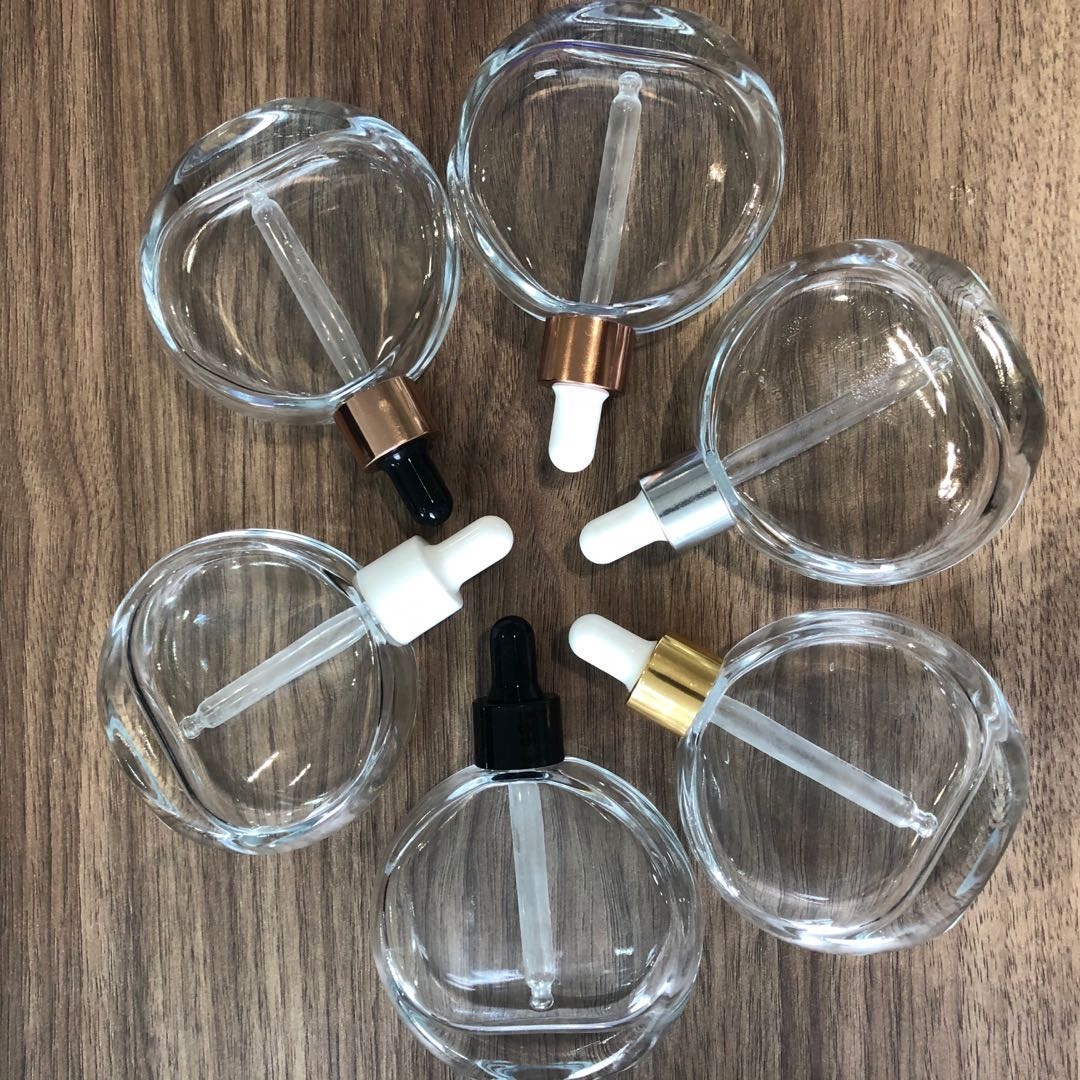 2OZ 60ml flat round shape glass crystal essential oil bottle serum bottle with dropper