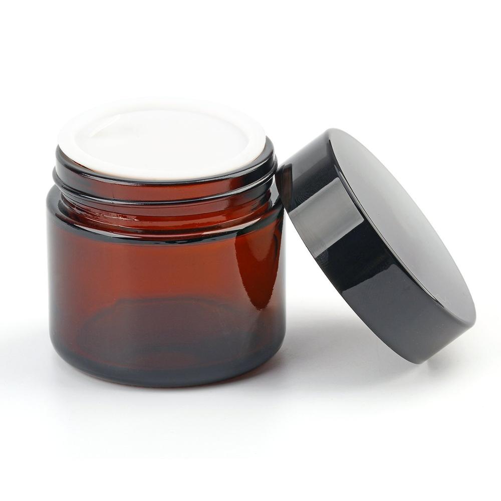 2Oz Amber Round Glass Jars Empty Cosmetic Containers with Inner Liners and Black Lids
