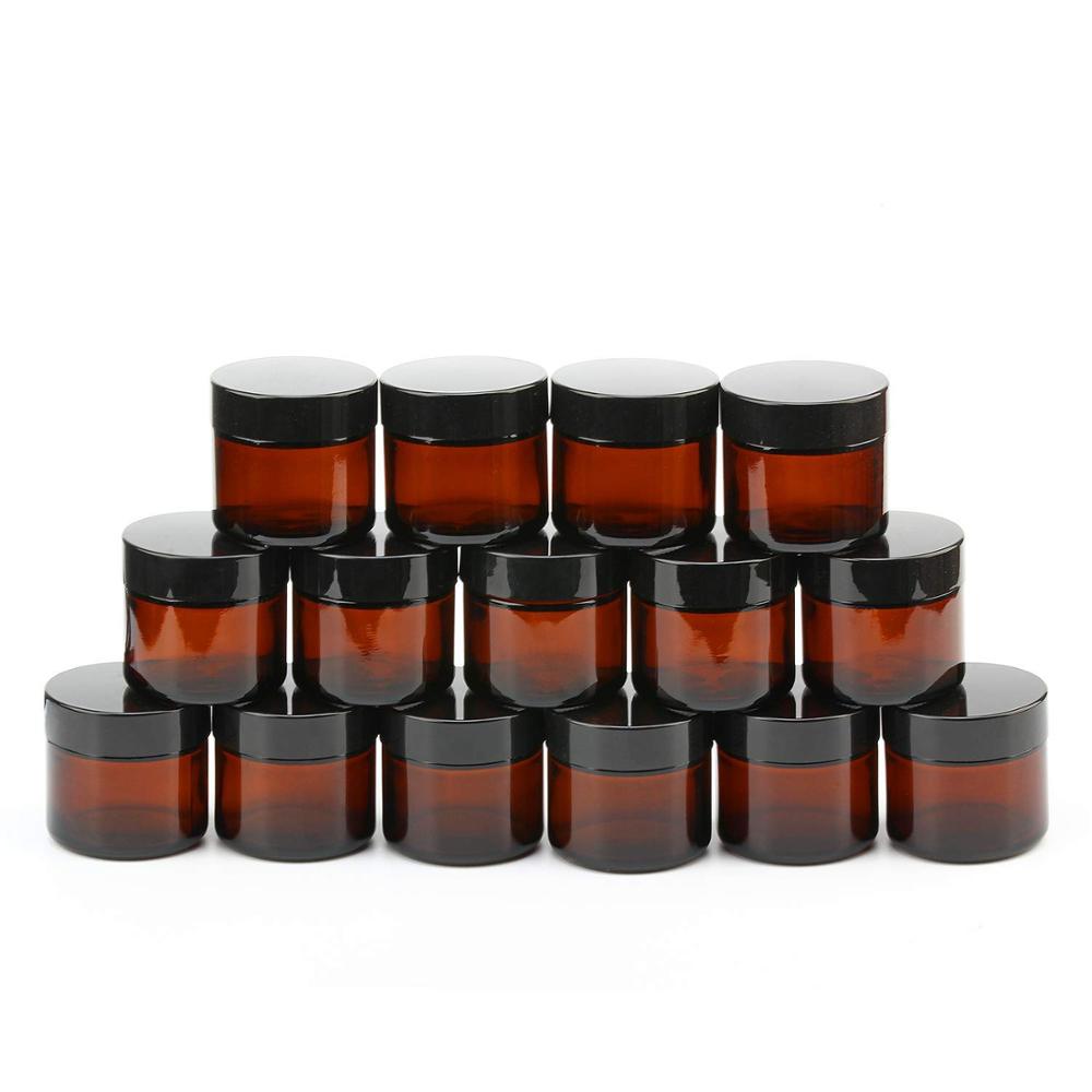 2Oz Amber Round Glass Jars Empty Cosmetic Containers with Inner Liners and Black Lids