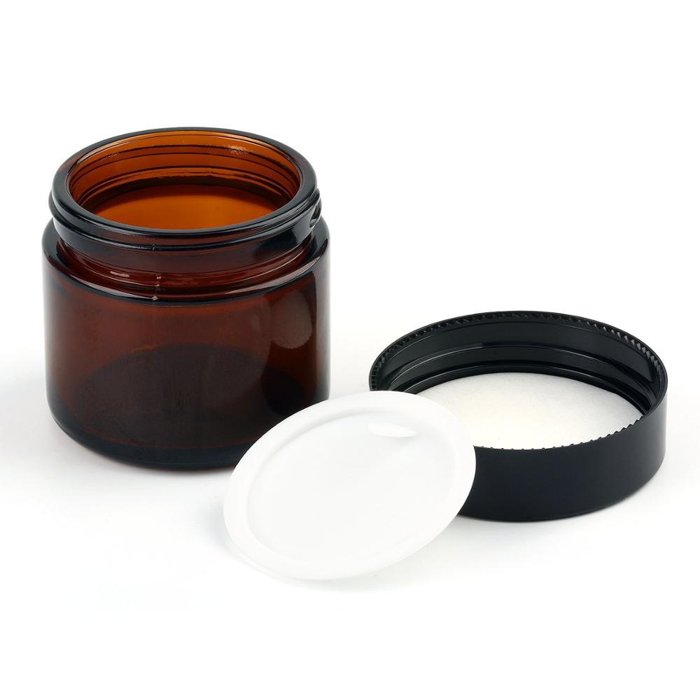 2Oz Amber Round Glass Jars Empty Cosmetic Containers with Inner Liners and Black Lids
