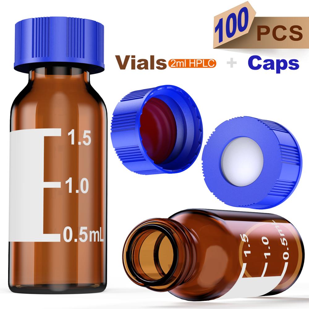 2ml HPLC 9-425 Amber glass vial Bottles with Write-on Spot and 9mm ABS Screw Caps Case of 100