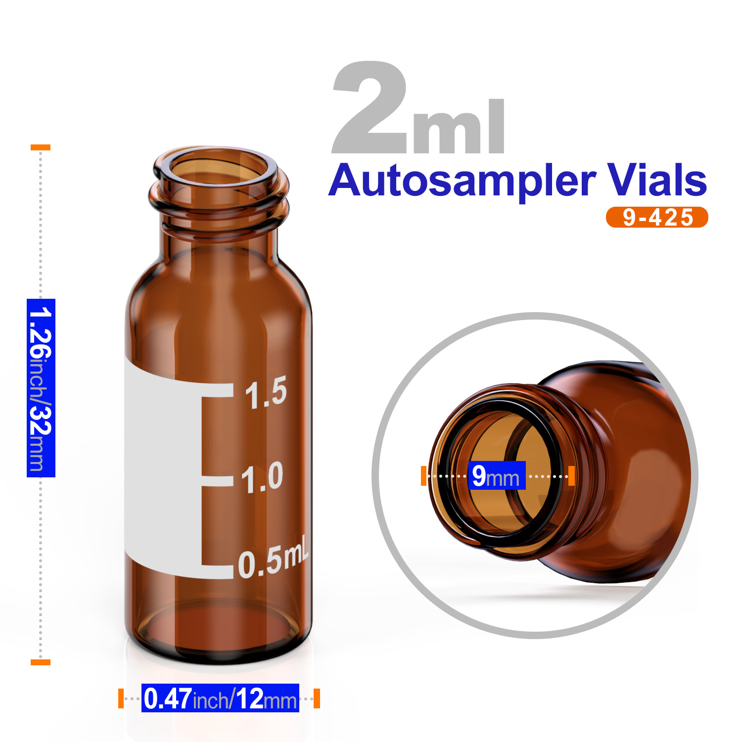 2ml HPLC 9-425 Amber glass vial Bottles with Write-on Spot and 9mm ABS Screw Caps Case of 100
