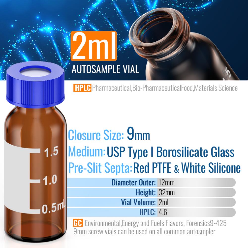 2ml HPLC 9-425 Amber glass vial Bottles with Write-on Spot and 9mm ABS Screw Caps Case of 100