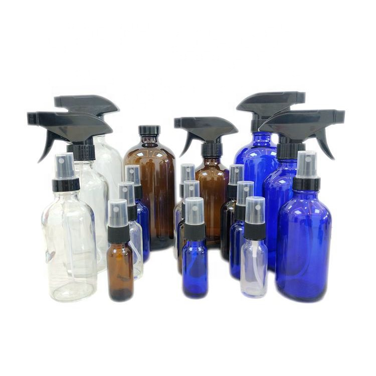 2oz 4oz 8oz 16oz empty amber clear blue boston glass spray bottle for cleaning 500ml boston round glass bottle