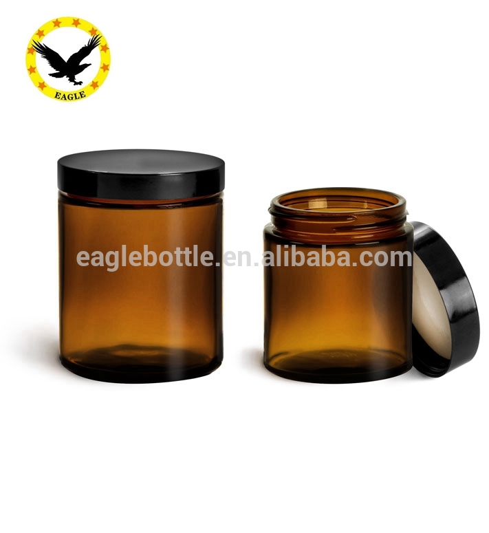 2oz 4oz 8oz Amber Glass Straight Sided Jars with Black Phenolic PE Lined Caps