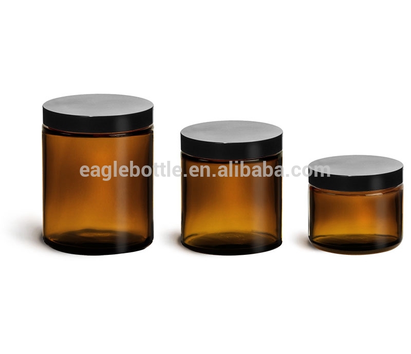 2oz 4oz 8oz Amber Glass Straight Sided Jars with Black Phenolic PE Lined Caps