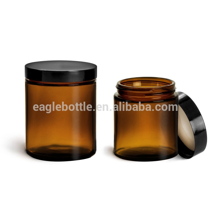 2oz 4oz 8oz Amber Glass Straight Sided Jars with Black Phenolic PE Lined Caps