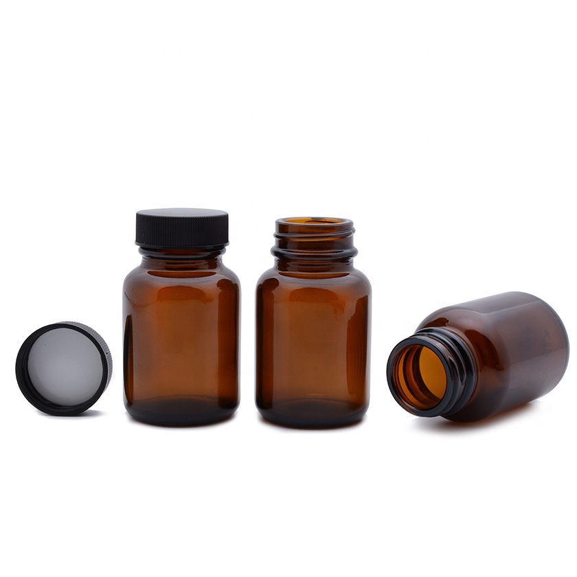 2oz 60cc 60ml amber wide mouth  glass bottle pharmaceutical pill vitamin jar