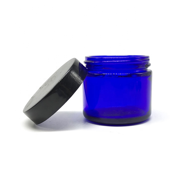 2oz 60ml Cobalt Blue Glass Cosmetic Jar with Black Cap and Inner Lid for Skin Care Cream