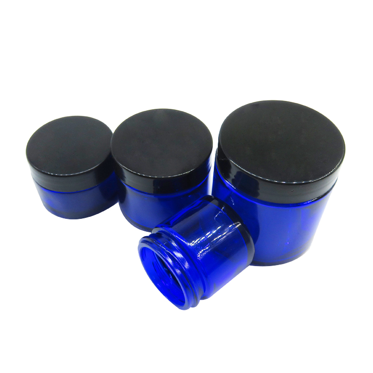 2oz 60ml Cobalt Blue Glass Cosmetic Jar with Black Cap and Inner Lid for Skin Care Cream