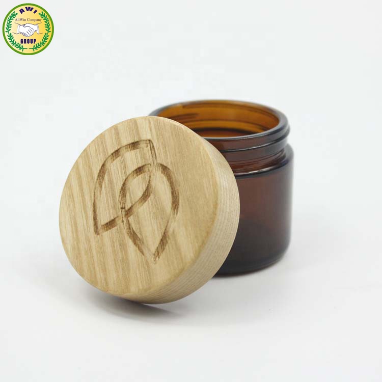 2oz 60ml frosted amber cosmetic glass skincare cream jars herb packaging containers with engraved logo wooden lid