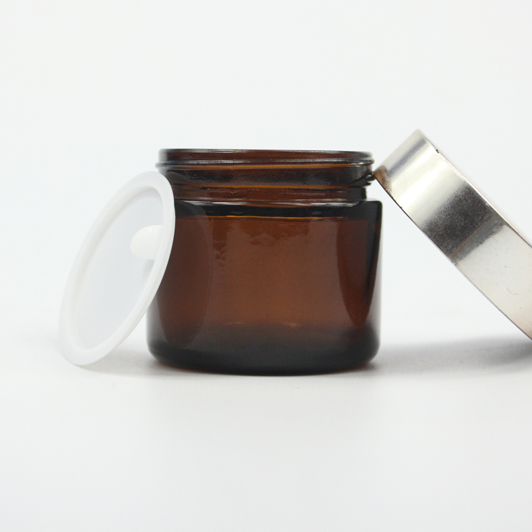 2oz 60ml frosted amber cosmetic glass skincare cream jars herb packaging containers with engraved logo wooden lid