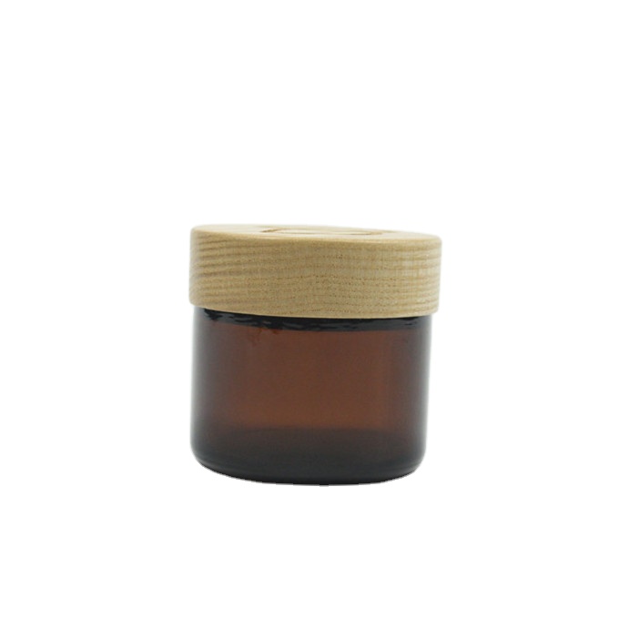 2oz 60ml frosted amber cosmetic glass skincare cream jars herb packaging containers with engraved logo wooden lid
