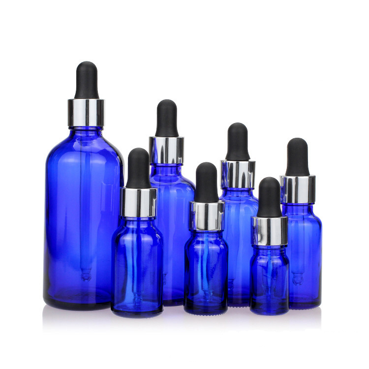 2oz Blue Glass Dropper Bottle For Eliquids With Silver Aluminum Dropper Cap